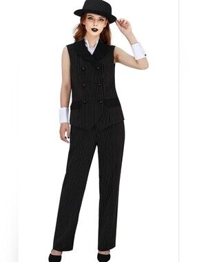 Women 1920s Gangster Costume Vest Pants Hat Pinstripe Suit Roaring 20s Mobster